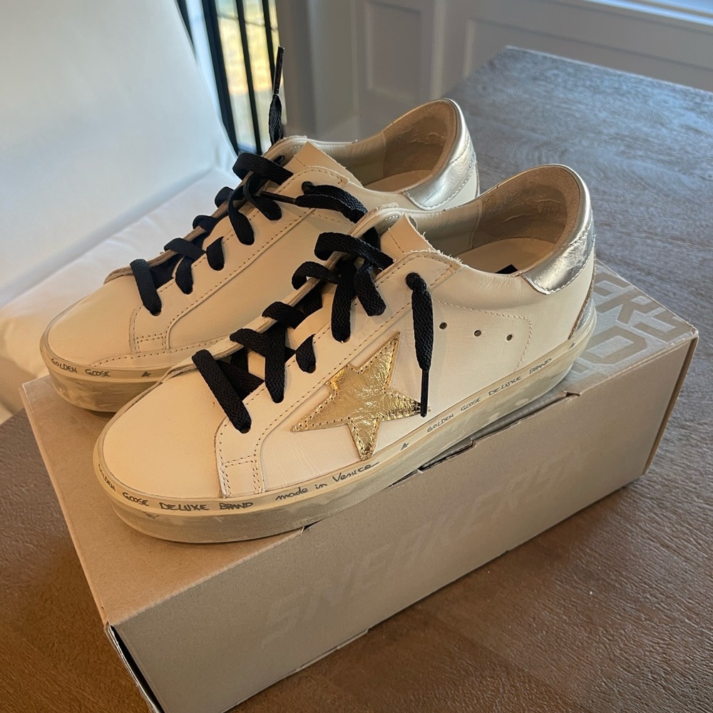 Golden Goose Hi Star Classic with Spur Metal Lettering.  White/Gold/Silver.